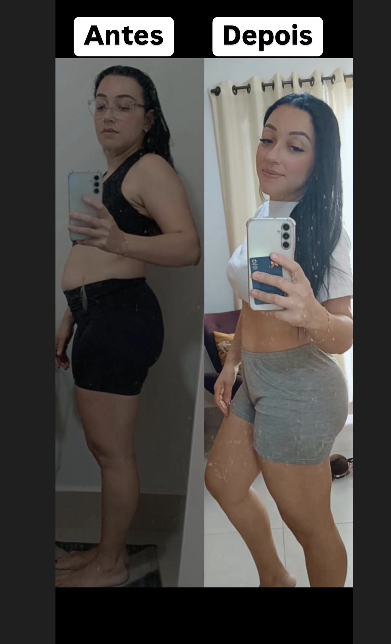 Aluna · selfie espelho antes e depois